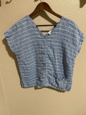 Garnet Hill Striped Blue V-Neck Linen Blend Women's Top